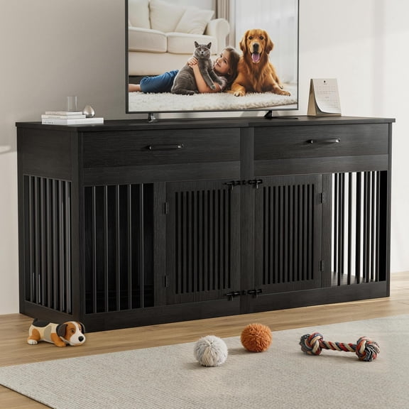 POAO 72" Double Dog Crate Furniture, Heavy Duty Dog Kennel for 2 Large Dogs, Wooden Dog Cage w Two Big Drawers&Removable Divider, Decorative Dog House as TV Stand, Dark Grey
