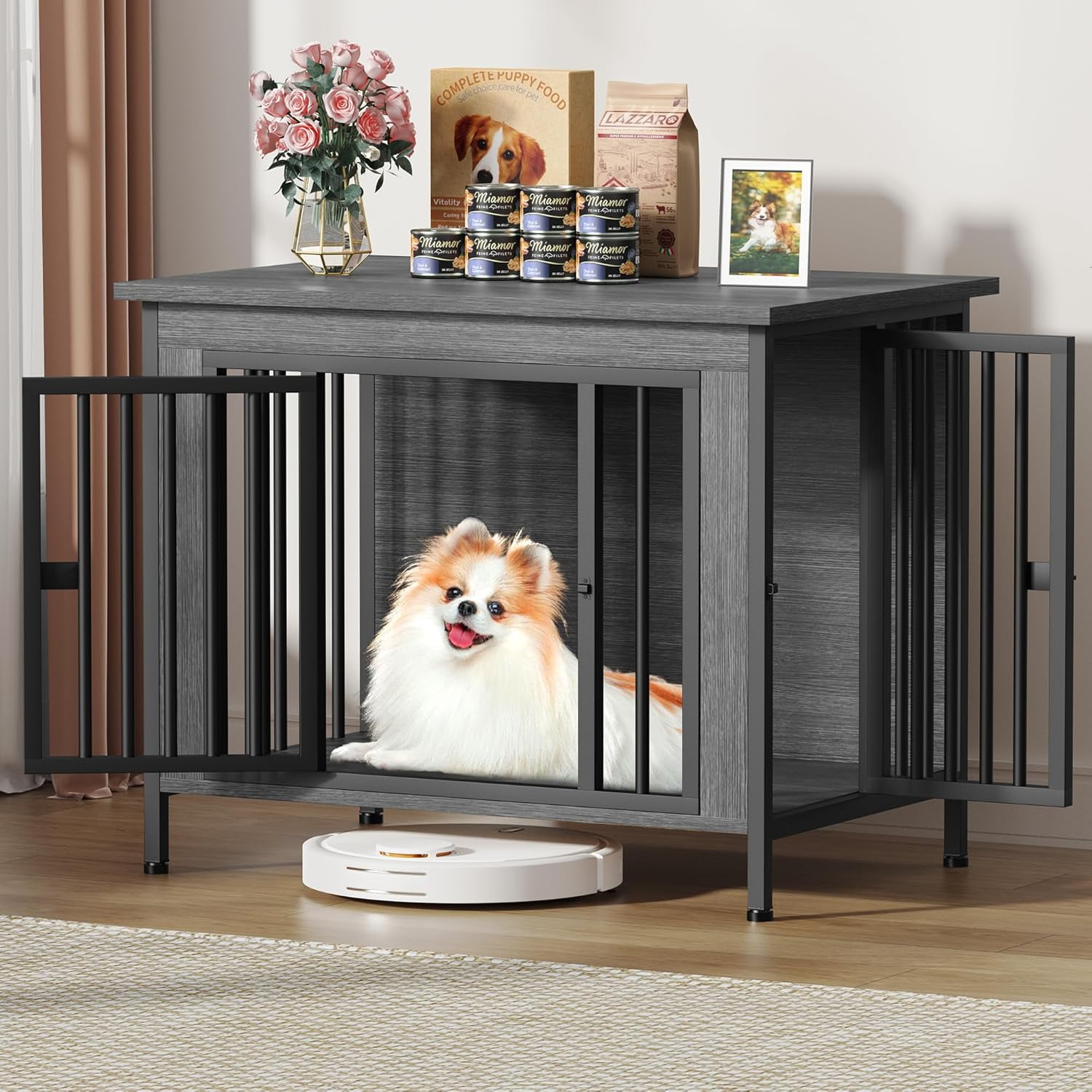 POAO 31.5" L Dog Crate Furniture for Dog, Heavy Duty Dog Crate for Small Dog(20-35 Pounds), Dog Kennel Furniture Indoor as TV Stand,Dark Grey