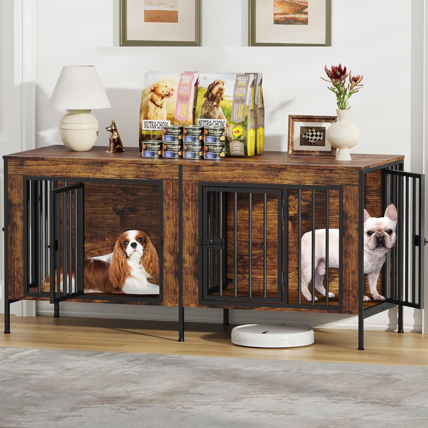 POAO 55.12" L Dog Crate Furniture for 2 Dogs, Heavy Duty Double Dog Crates for Small Dogs(0-20 Pounds), Dog Kennel Furniture Indoor as TV Stand,Brown