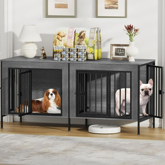 POAO 55.12"L Dog Crate Furniture for 2 Dogs,Heavy Duty Double Dog Crates for Small Dogs(0-20 Pounds),Dog Kennel Furniture Indoor as TV Stand,Dark Grey