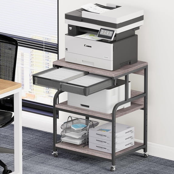 POAO Extra Large Printer Stand with Drawer, 5-Adjustable Heights 3 Tier Table with Wheels, Rolling Printer Cart with Storage,Home Office Use