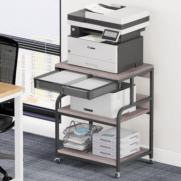 POAO Extra Large Printer Stand with Drawer, 5-Adjustable Heights 3 Tier Table with Wheels, Rolling Printer Cart with Storage,Home Office Use