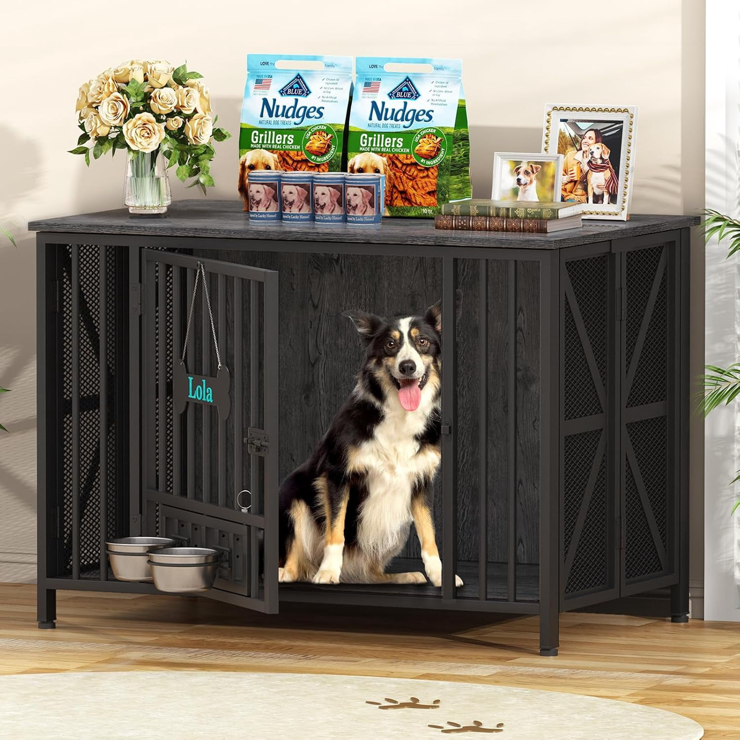 POAO Foldable Large Dog Crate Furniture, 41.3" Assembly-Free Dog Crates for Large Dogs, Decorative Wooden Dog Kennel Indoor with Tag & Dog Bowls