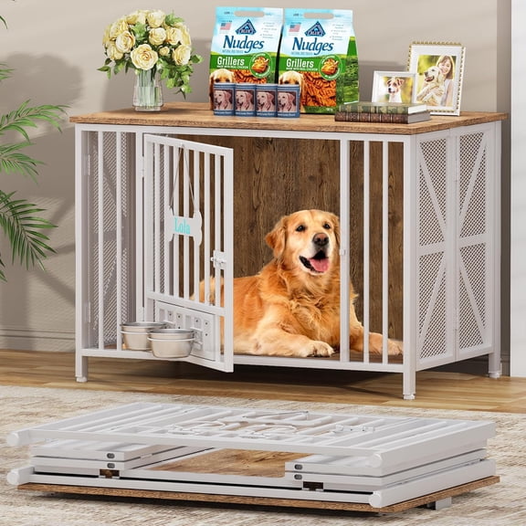 POAO Foldable Large Dog Crate Furniture, 41.3" Assembly-Free Dog Crates for Large Dogs, Decorative Wooden Dog Kennel Indoor with Tag & Dog Bowls