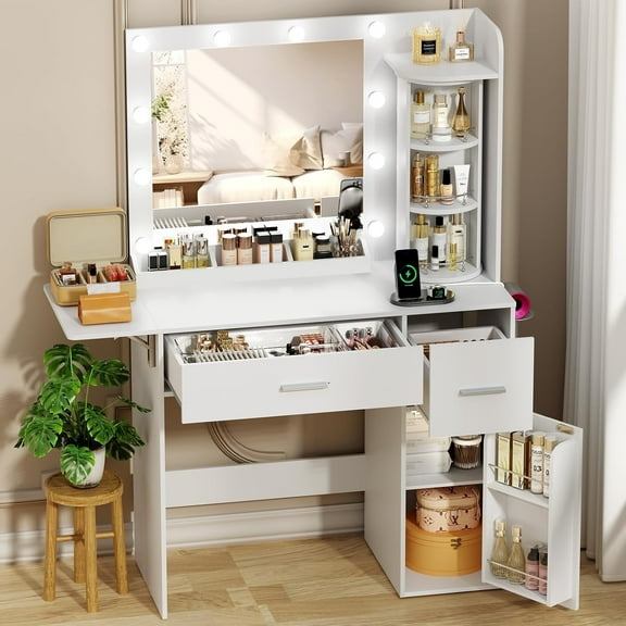 POAO Vanity Desk with Rotating Jewelry Organizers,Makeup Vanity with Mirror and Lights,Dressing Table with USB-C Charging, 2 Drawers & Cabinet,White