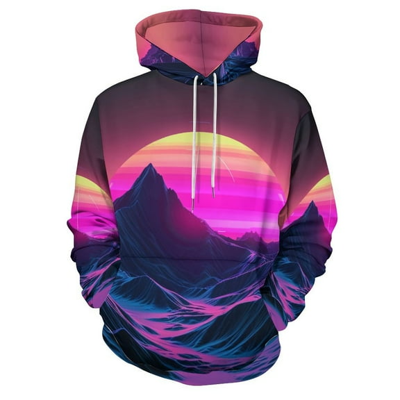 POBUDS Hoodie, Regular Fit Sporty Pullover Hooded Sweatshirt for Men Women Cyber Neon Mountains S