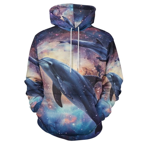 POBUDS Hoodie, Regular Fit Sporty Pullover Hooded Sweatshirt for Men Women Dolphins in Space 3XL