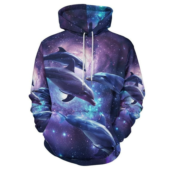 POBUDS Hoodie, Regular Fit Sporty Pullover Hooded Sweatshirt for Men Women Dolphins in Space S