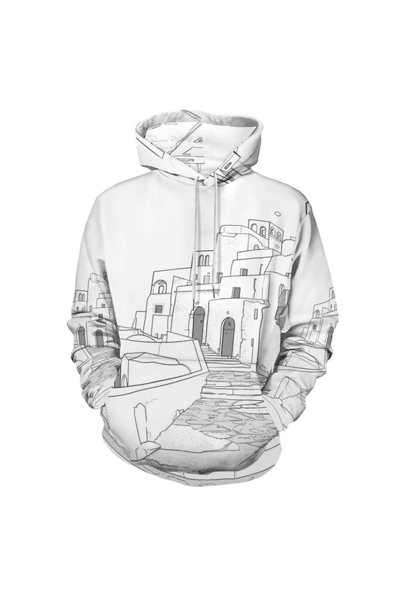 Hoodie, Regular Fit Sporty Pullover Hooded Sweatshirt for Men Women Santorini Black & White Greece Muscle 5XL