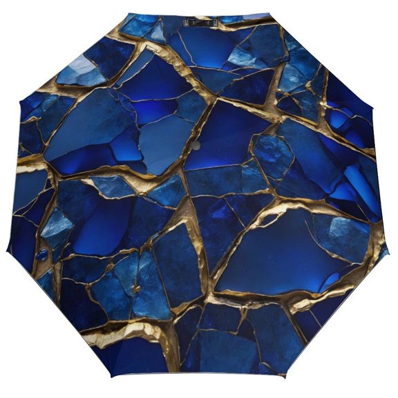 POBUDS Windproof Automatic Umbrella – Steel-Carbon Fiber Frame, UV-Blocking Black Coating Inside, Auto Open/Close - Blue And Gold Mosaic Tile