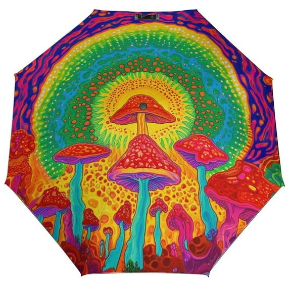 POBUDS Windproof Automatic Umbrella – Steel-Carbon Fiber Frame, UV-Blocking Black Coating Inside, Auto Open/Close - Colorful Mushroom