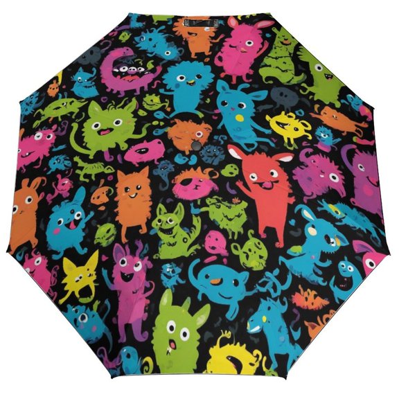 POBUDS Windproof Automatic Umbrella – Steel-Carbon Fiber Frame, UV-Blocking Black Coating Inside, Auto Open/Close - Cute Monsters Doodle