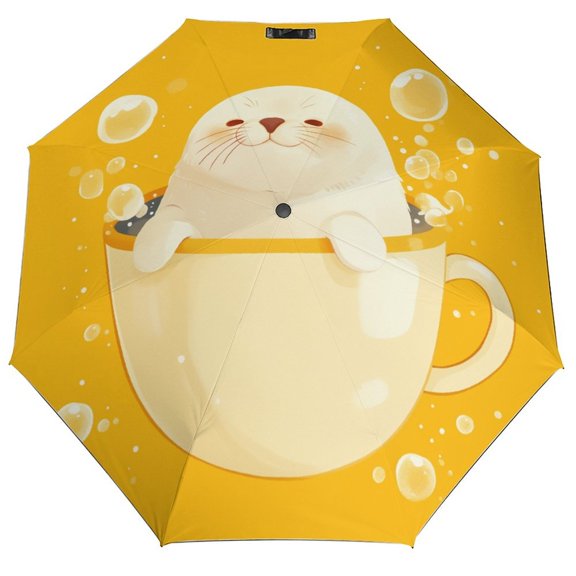 POBUDS Windproof Automatic Umbrella – Steel-Carbon Fiber Frame, UV-Blocking Black Coating Inside, Auto Open/Close - Cute Seal Teacup