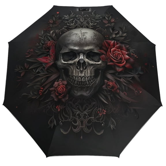 POBUDS Windproof Automatic Umbrella – Steel-Carbon Fiber Frame, UV-Blocking Black Coating Inside, Auto Open/Close - Dark Skull Flower