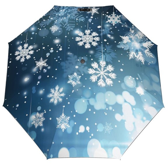 POBUDS Windproof Automatic Umbrella – Steel-Carbon Fiber Frame, UV-Blocking Black Coating Inside, Auto Open/Close - Elegant Christmas with Snowflake