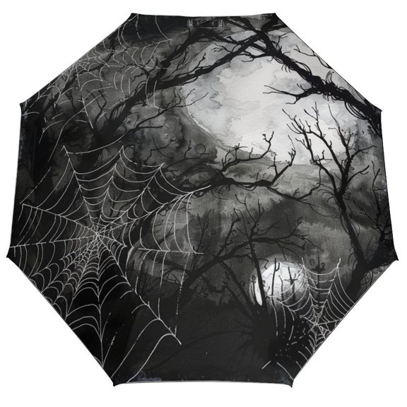 POBUDS Windproof Automatic Umbrella – Steel-Carbon Fiber Frame, UV-Blocking Black Coating Inside, Auto Open/Close - Halloween Cob Web