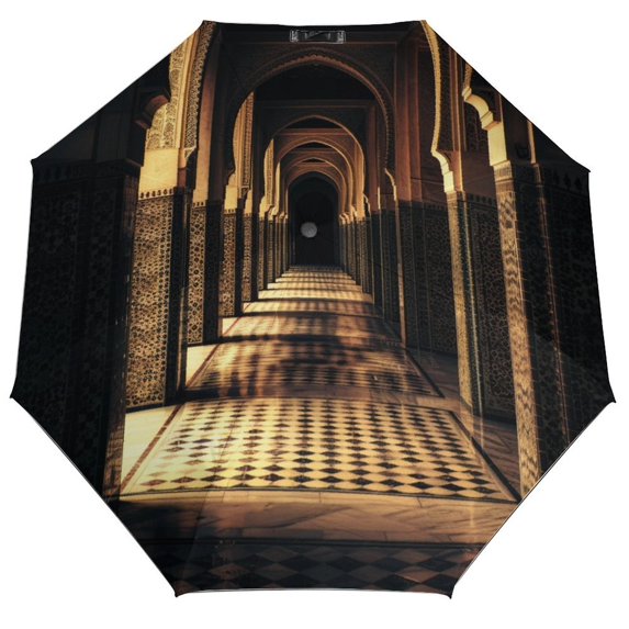 POBUDS Windproof Automatic Umbrella – Steel-Carbon Fiber Frame, UV-Blocking Black Coating Inside, Auto Open/Close - Islamic Architecture
