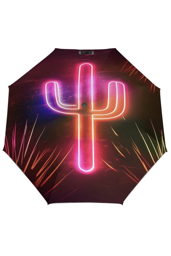 Windproof Automatic Umbrella – Steel-Carbon Fiber Frame, UV-Blocking Black Coating Inside, Auto Open/Close - Neon Cactus Desert