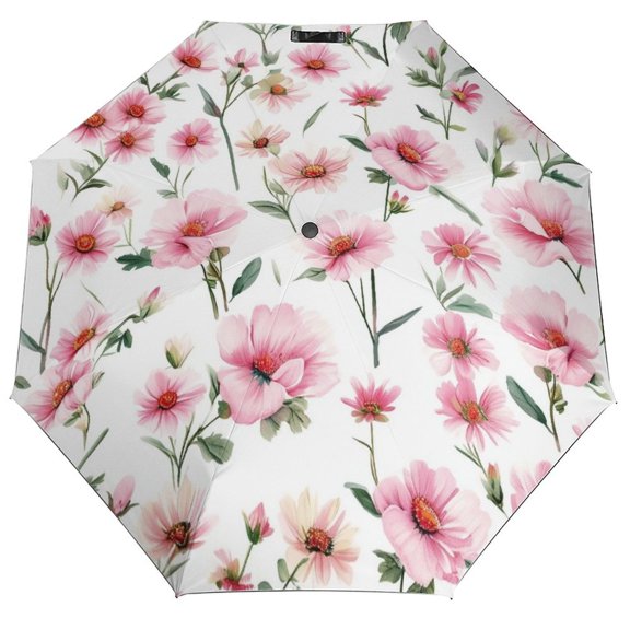 POBUDS Windproof Automatic Umbrella – Steel-Carbon Fiber Frame, UV-Blocking Black Coating Inside, Auto Open/Close - Pink Daisy