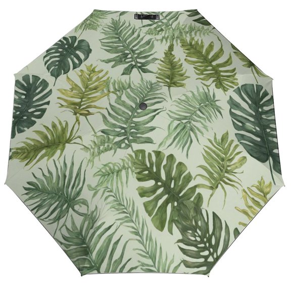 POBUDS Windproof Automatic Umbrella – Steel-Carbon Fiber Frame, UV-Blocking Black Coating Inside, Auto Open/Close - Tropical Leaves And Ferns