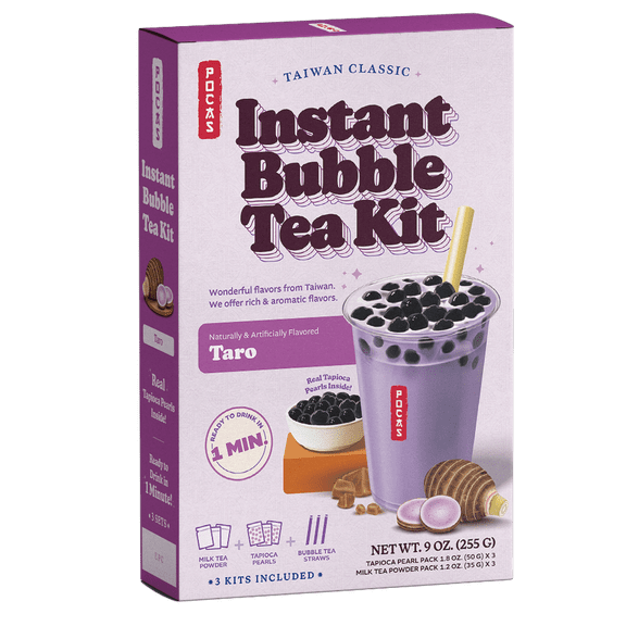POCAS Bubble Tea DIY Kit, 12 pk, Taro Flavor, Instant Milk Tea Powder with Tapioca Pearls