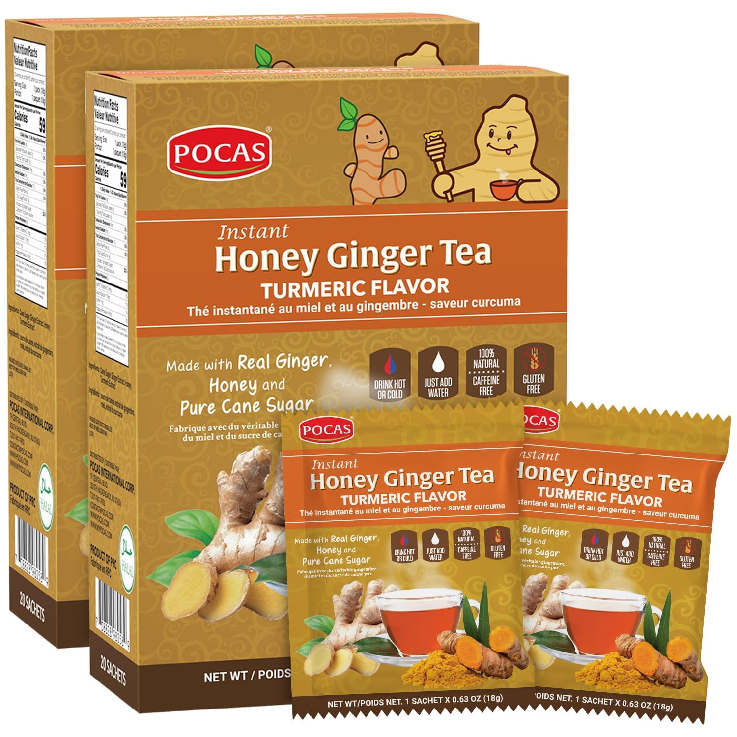 POCAS Instant Honey Ginger Tea with Turmeric  2-Pack (40 Sachets), Caffeine-Free, Gluten-Free