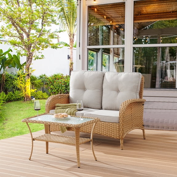 POCASSY 2 Piece Rattan Sofa Seating Group with Cushions