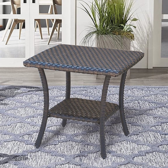 POCASSY 23.6" * 23.6" Coffee Table, Brown, Wicker Rattan, Patio, Balcony, Pool, Two-tier