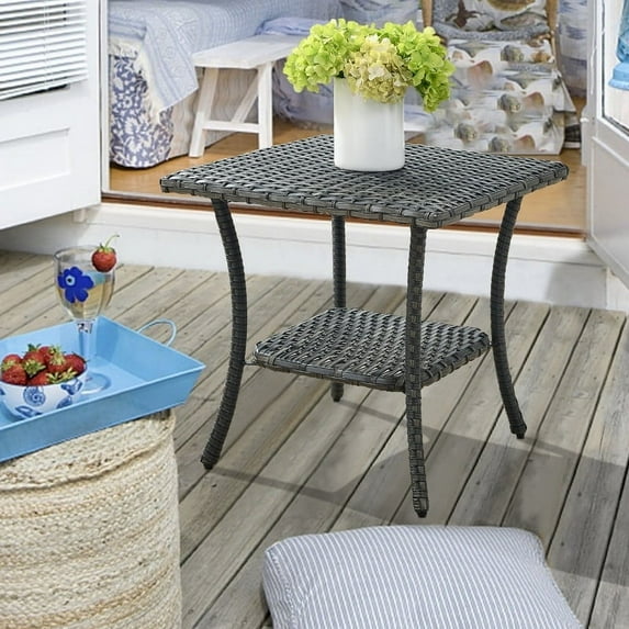 POCASSY 23.6" * 23.6" Coffee Table, Gray, Wicker Rattan, Patio, Balcony, Pool, Two-tier