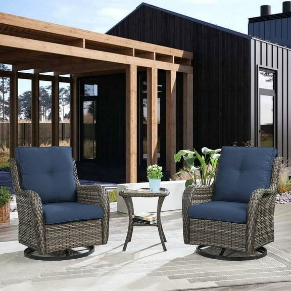 POCASSY 3 Piece Furniture Set Wicker Swivel Chairs and Side Table with Cushions