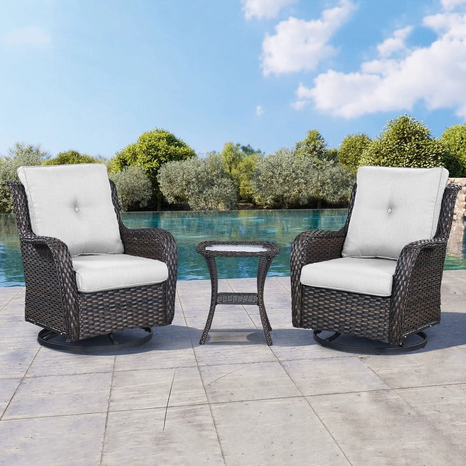 Brown Wicker Swivel Rocking Chair Set with Beige Cushions