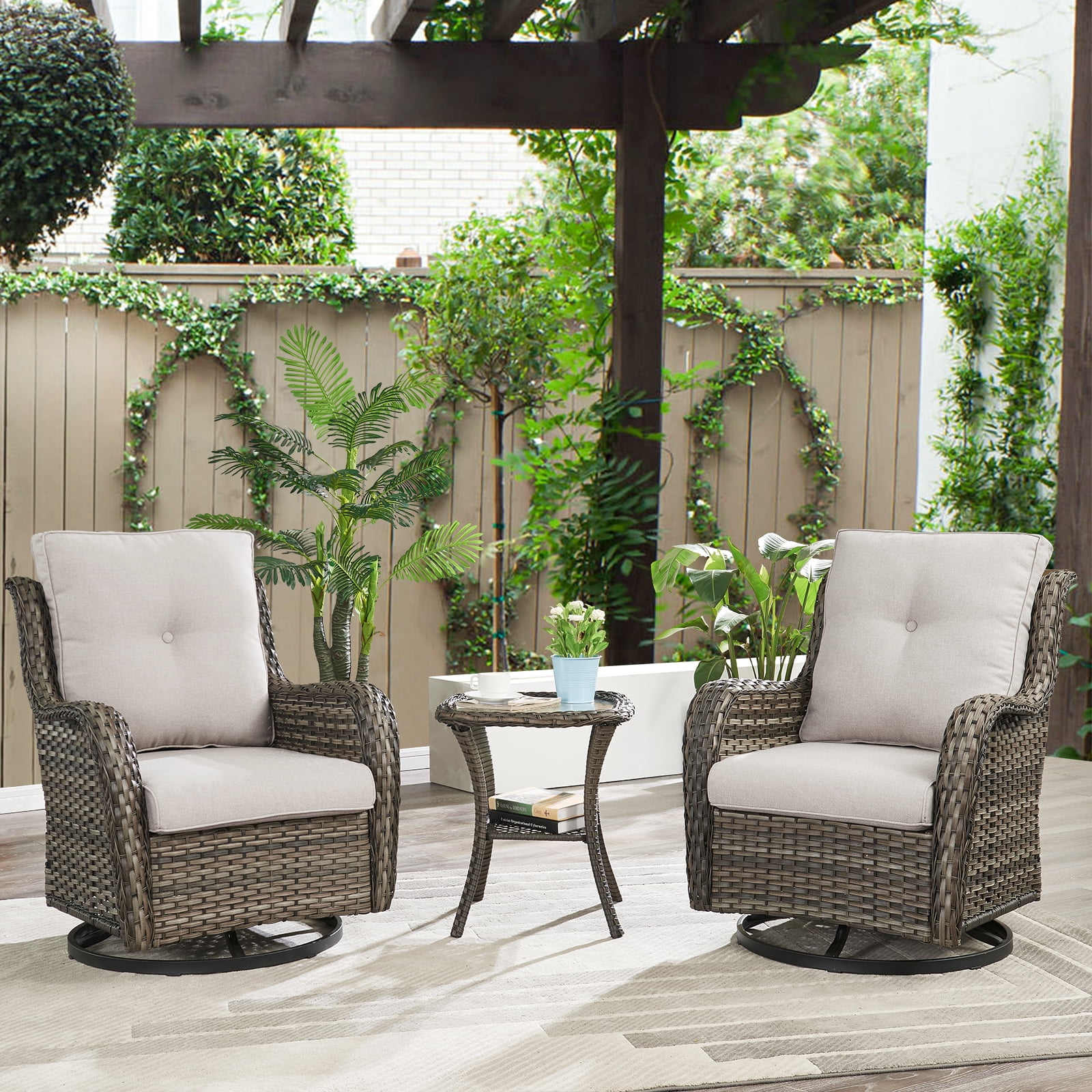 POCASSY 3 Piece Patio Set Outdoor Wicker Glider Rocking and Swivel Chairs with Side Table and Cushions - Patio Wicker Bistro Furniture Set, Gray Rattan & Beige Cushion