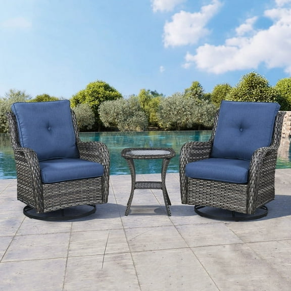 POCASSY 3 Piece Patio Set Outdoor Wicker Glider Rocking and Swivel Chairs with Side Table and Cushions - Patio Wicker Bistro Furniture Set, Gray Rattan & Blue Cushion