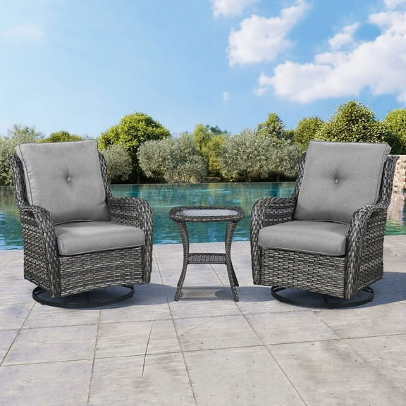 POCASSY 3 Piece Patio Set Outdoor Wicker Glider Rocking and Swivel Chairs with Side Table and Cushions - Patio Wicker Bistro Furniture Set, Gray Rattan & Gray Cushion