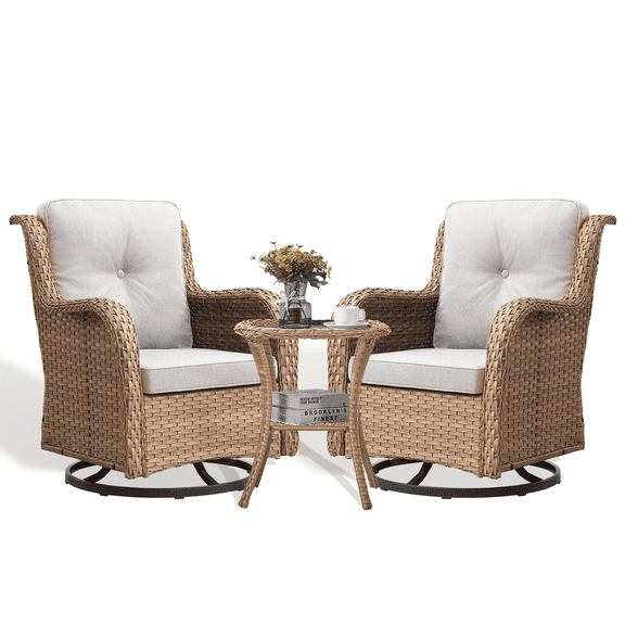 POCASSY 3 Piece Patio Set Outdoor Wicker Glider Rocking and Swivel Chairs with Cushions
