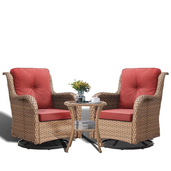 POCASSY 3 Piece Patio Set Outdoor Wicker Glider Rocking and Swivel Chairs with Cushions