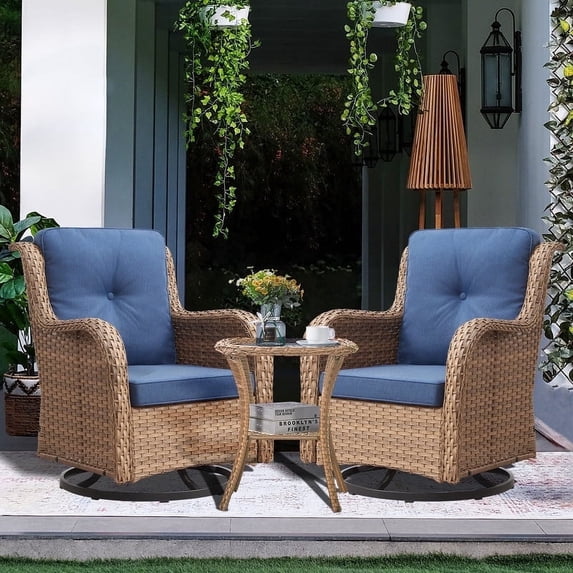 POCASSY 3 Piece Patio Set Outdoor Wicker Glider Rocking and Swivel Chairs with Cushions