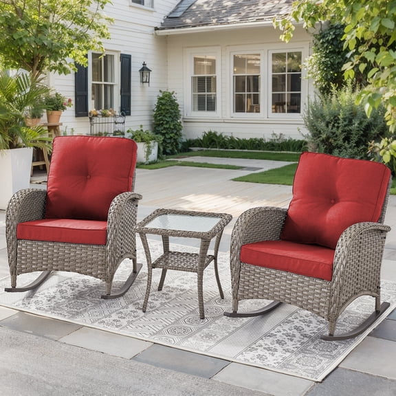 POCASSY 3 Pieces Outdoor Rocking Chair Set - Rocking Patio Chairs with All-Weather PE Wicker & Steel Frame, Patio Furniture Set with Side Table for Porch Balcony, Gray Wicker Red Cushion