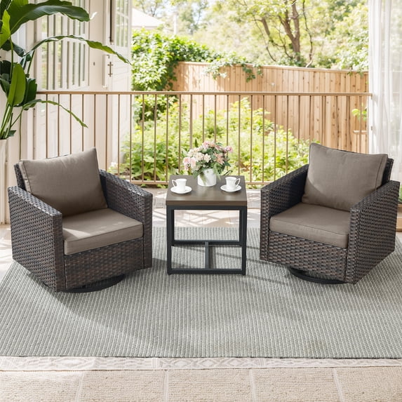 POCASSY 3 Pieces Outdoor Swivel Chair Set - 360° Swivel Rocking Patio Chair with All-Weather PE Wicker & Steel Frame, Modern Square Armrests for Porch Balcony, Brown Wicker Gray Cushion