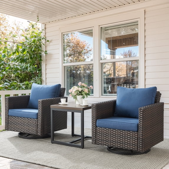 POCASSY 3 Pieces Outdoor Swivel Chair Set - 360° Swivel Rocking Patio Chair with All-Weather PE Wicker & Steel Frame, Modern Square Armrests for Porch Balcony, Brown Wicker Blue Cushion
