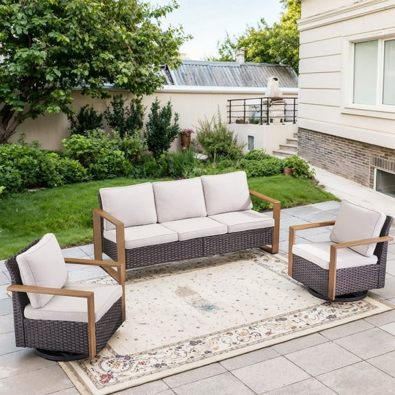 POCASSY 3 Pieces Patio Furniture Set with 3-Seater Sofa and 2 Swivel Glider Rocking Chairs, All Weather Wicker Outdoor Conversation Set for Pool, Backyard, Garden, Brown Wicker Beige Cushion