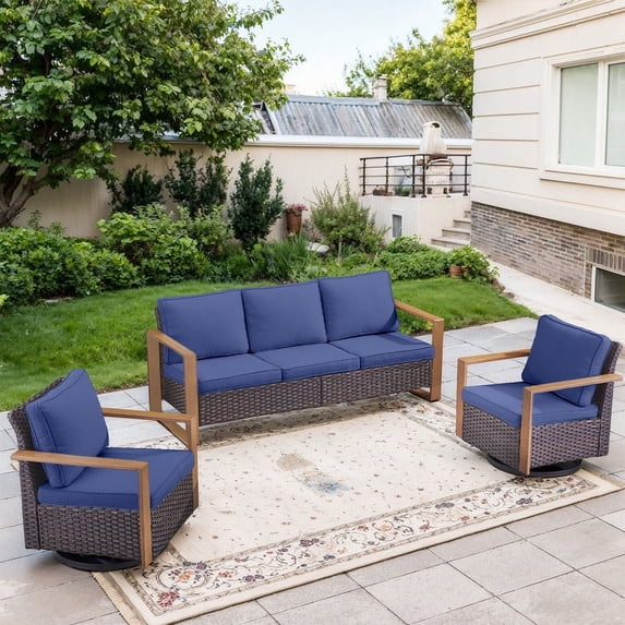 POCASSY 3 Pieces Patio Furniture Set with 3-Seater Sofa and 2 Swivel Glider Rocking Chairs, All Weather Wicker Outdoor Conversation Set for Pool, Backyard, Garden, Brown Wicker Blue Cushion