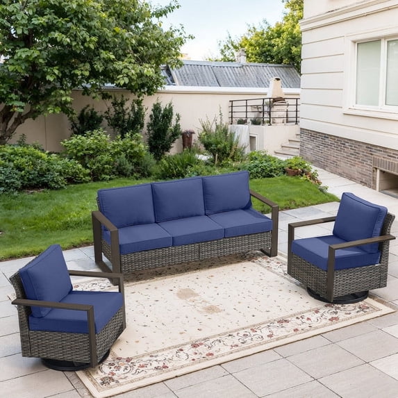 POCASSY 3 Pieces Patio Furniture Set with 3-Seater Sofa and 2 Swivel Glider Rocking Chairs, All Weather Wicker Outdoor Conversation Set for Pool, Backyard, Garden, Gray Wicker Blue Cushion