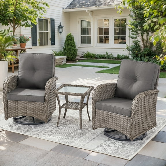 POCASSY 3 Pieces Swivel Rocking Patio Chair Set - 360° Swivel Glider Patio Chairs with All-Weather PE Wicker & Steel Frame, Small Furniture Set for Porch Balcony, Gray Wicker Gray Cushion
