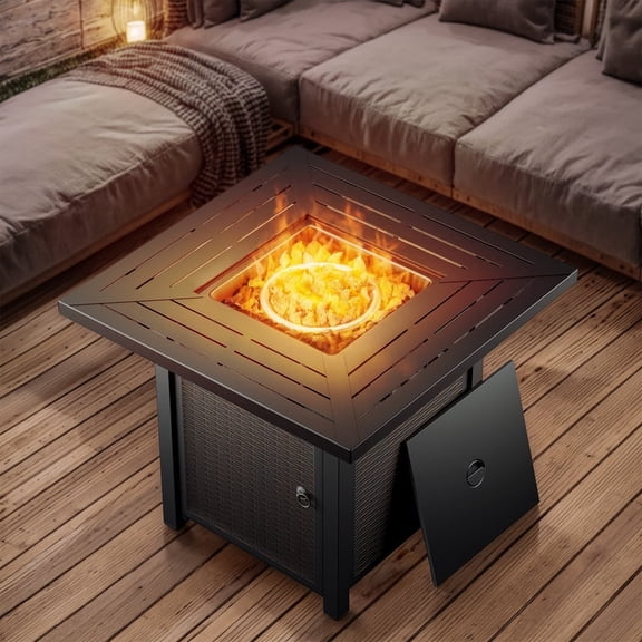 POCASSY 30" Square Propane Fire Pit Table - 50,000 BTU Metal Patio Fire Pit with Removable Lid and Wind Guard, Metal Table Top, for Porch Deck Garden, Brown