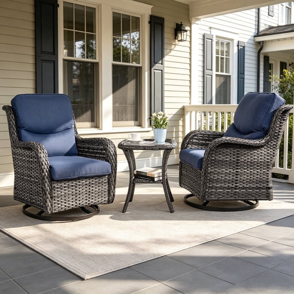 POCASSY 3PCS Outdoor Swivel Chair Set with Side Table, All Weather Wicker Patio Swivel Chairs with 2-tier Side Table for Porch Garden Balcony - Blue
