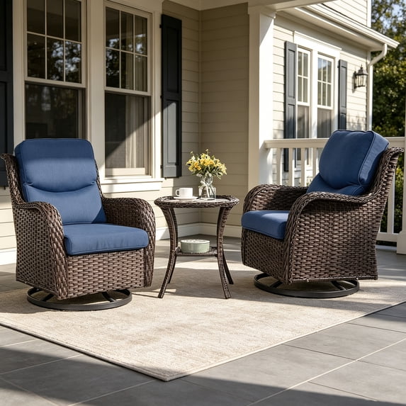 POCASSY 3PCS Outdoor Swivel Chair Set with Side Table, All Weather Wicker Patio Swivel Chairs with 2-tier Side Table for Porch Garden Balcony - Blue