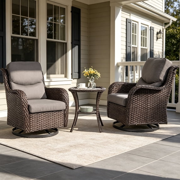 POCASSY 3PCS Outdoor Swivel Chair Set with Side Table, All Weather Wicker Patio Swivel Chairs with 2-tier Side Table for Porch Garden Balcony - Gray