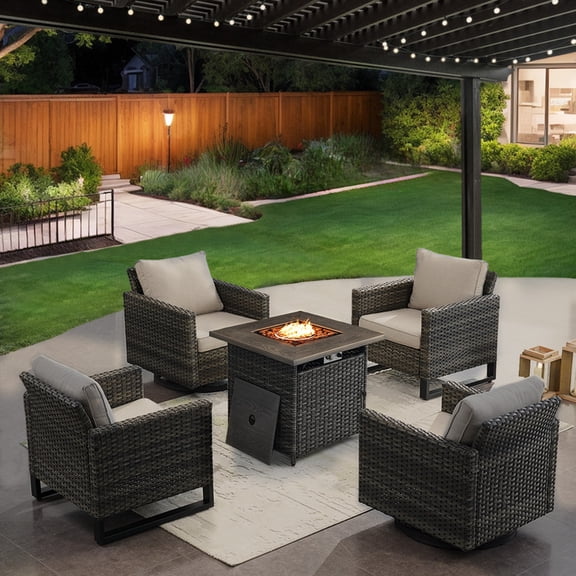 POCASSY 4 - Person Wicker Rattan Outdoor Seating Group with Square Fire Pit Table and Cushions, 2 Swivel Rocking Chairs and 2 Bistro Chairs, Deep Seat and High Chair Back,Gray/Beige