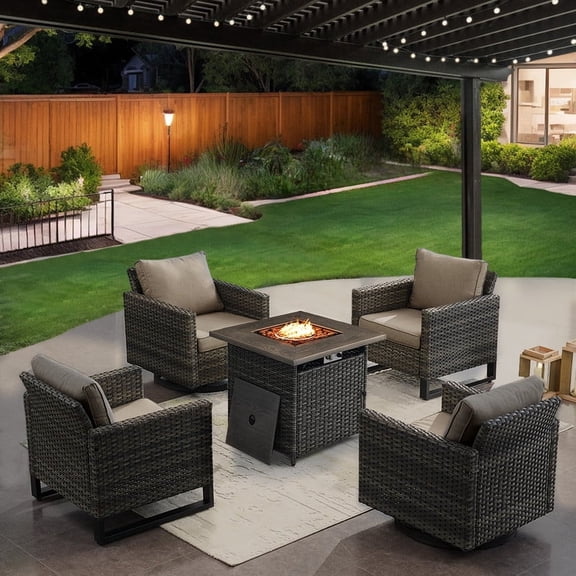 POCASSY 4 - Person Wicker Rattan Outdoor Seating Group with Square Fire Pit Table and Cushions, 2 Swivel Rocking Chairs and 2 Bistro Chairs, Deep Seat and High Chair Back, Gray/Gray